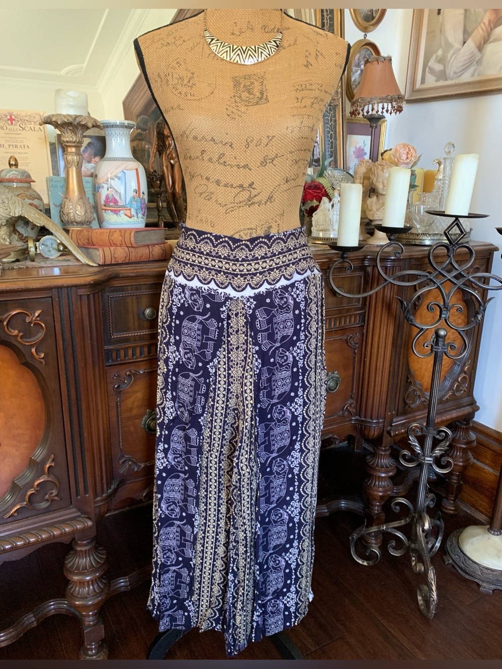 Vintage Exotic Elephant Print Boho Hippie Gypsie Harem Pants Leggings w Slits